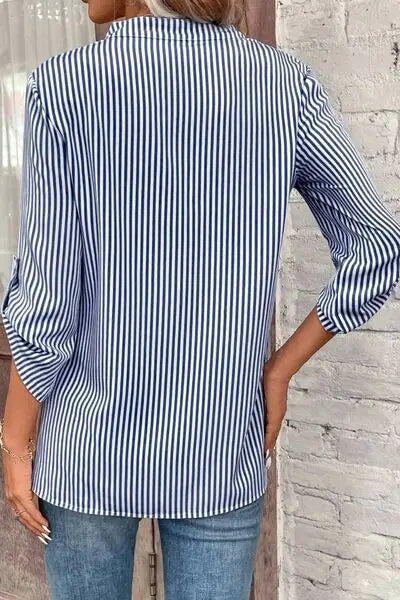 Striped Notched Roll-Tab Sleeve Shirt GlossiChic Collection