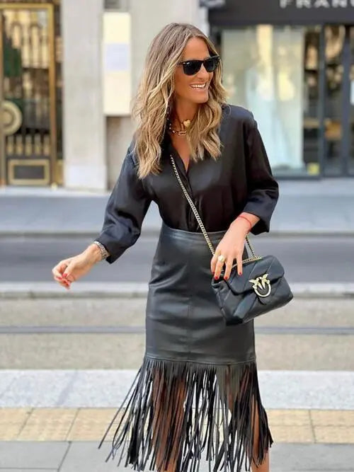 High Waist Fringe Hem Skirt GlossiChic Collection