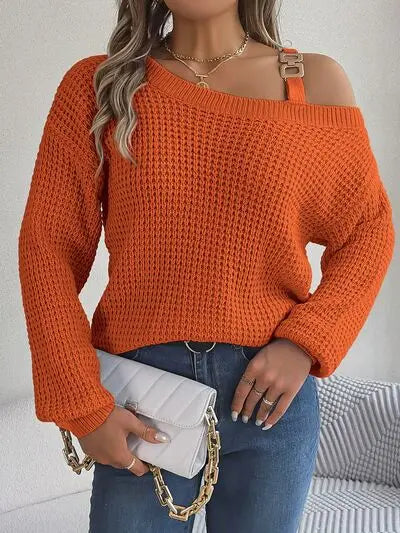 Asymmetrical Neck Long Sleeve Sweater - GlossiChic Collection Pumpkin / S GlossiChic Collection apparel