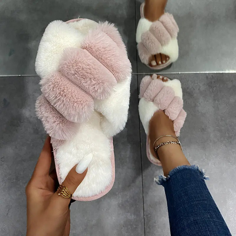 Furry Cross-Strap Slippers Flat Shoes GlossiChic Collection