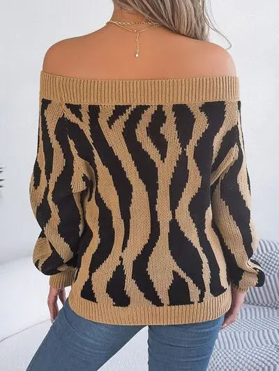 Off-Shoulder Animal Print Long Sleeve Sweater GlossiChic Collection