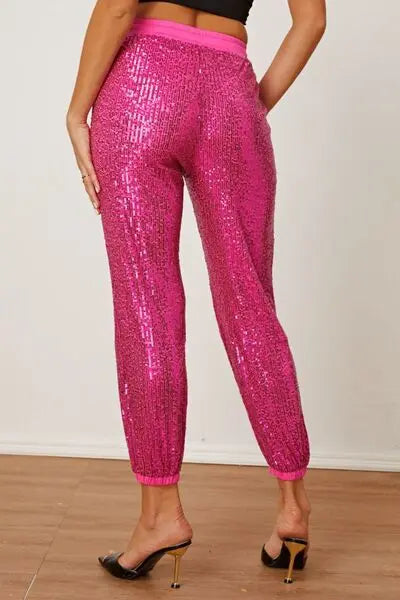 Sequin Drawstring Pants with Pockets - GlossiChic Collection Hot Pink / S GlossiChic Collection Jeans, Pants, & Shorts