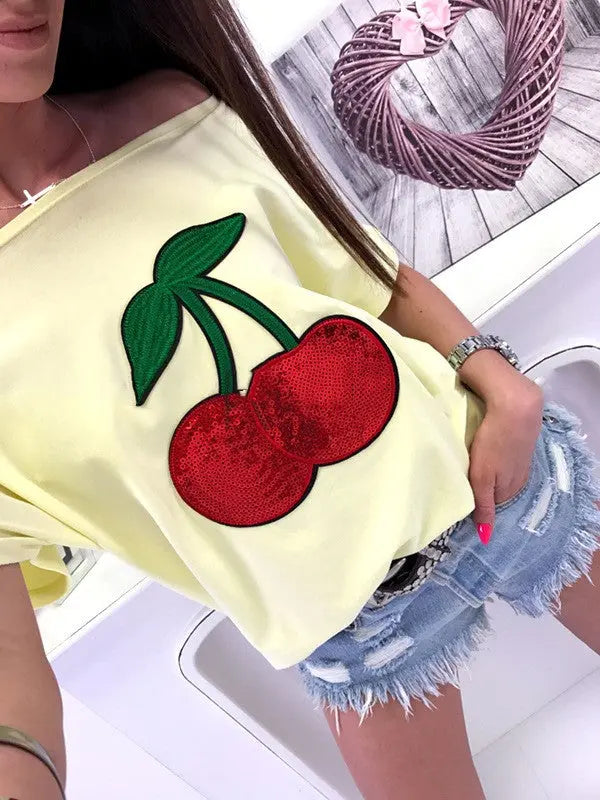 Sequin Cherry Patch T-shirt - GlossiChic Collection Blue / S GlossiChic Collection Shirts & Tops