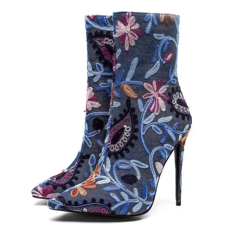 Gracefully Embroidered Denim Boots GlossiChic Collection