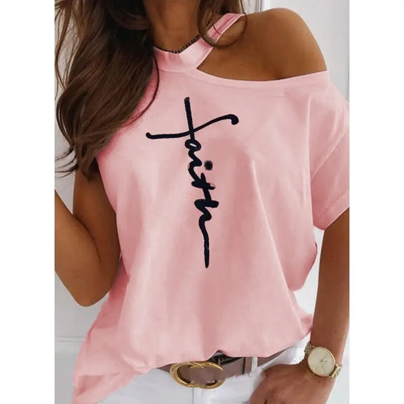 Letter Print Short Sleeve Off-Shoulder T-shirt GlossiChic Collection