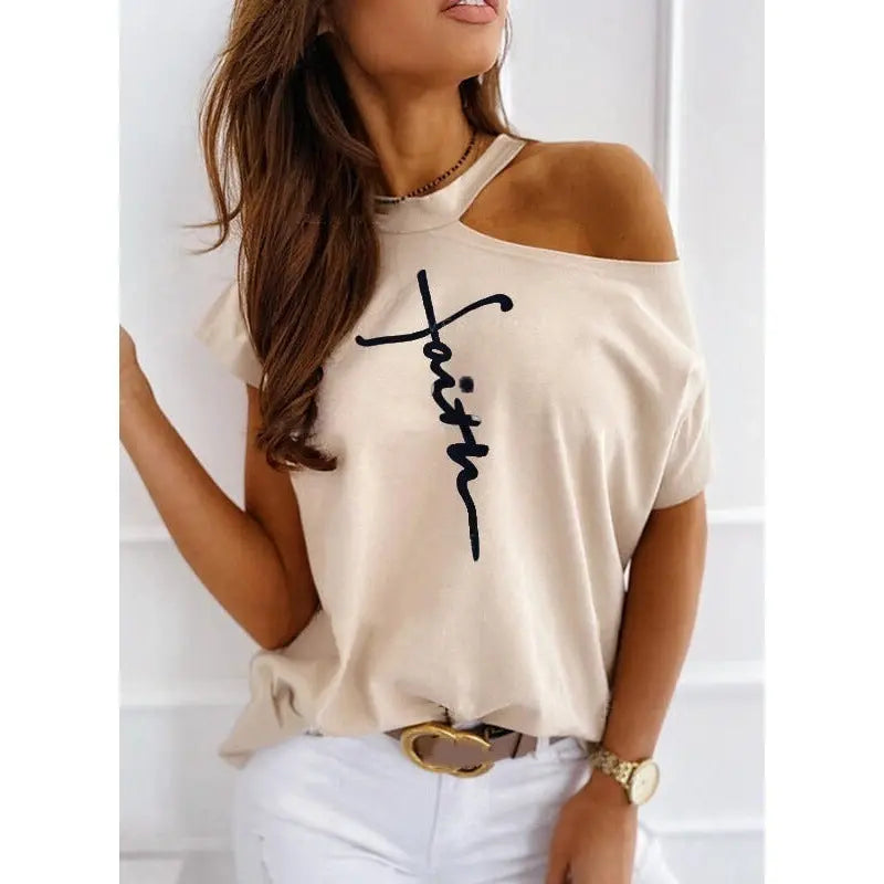 Letter Print Short Sleeve Off-Shoulder T-shirt GlossiChic Collection