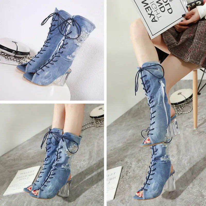 Denim Fish Mouth Open Toe Boots - GlossiChic Collection