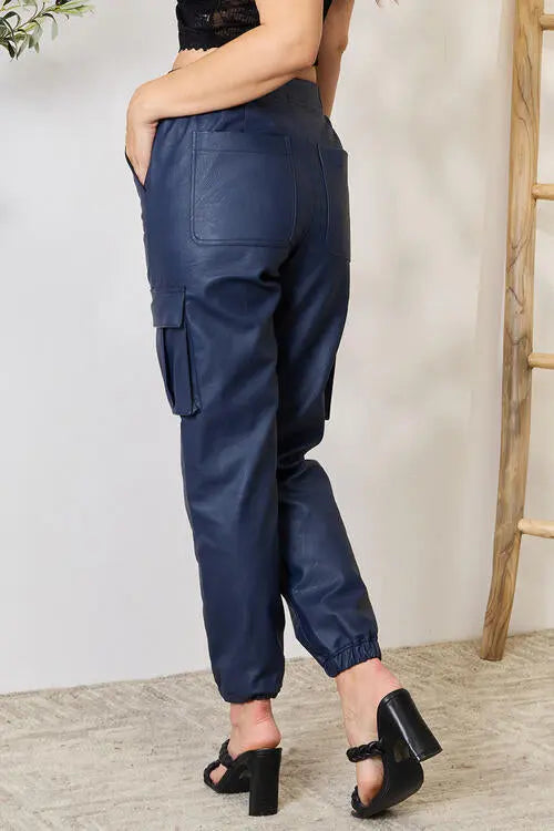 High Waist Faux Leather Cargo Joggers - GlossiChic Collection Navy / S GlossiChic Collection apparel