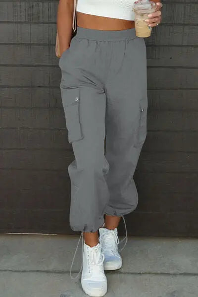 Drawstring Elastic Waist Pants with Pockets - GlossiChic Collection Charcoal / S GlossiChic Collection apparel