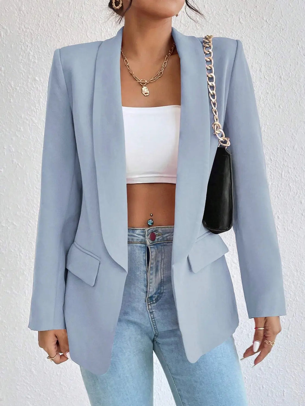 Shawl Collar Long Sleeve Blazer - GlossiChic Collection Misty Blue / S GlossiChic Collection Blazer & Cardigan