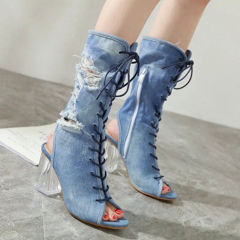 Denim Fish Mouth Open Toe Boots - GlossiChic Collection