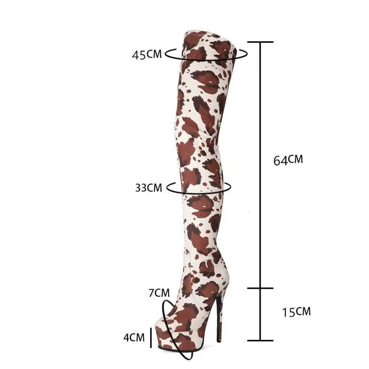 Platform Round Head Cow Pattern Over The Knee Boots Women's Boots GlossiChic Collection