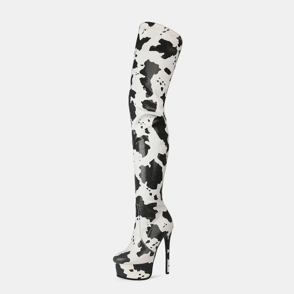 Platform Round Head Cow Pattern Over The Knee Boots Women's Boots GlossiChic Collection