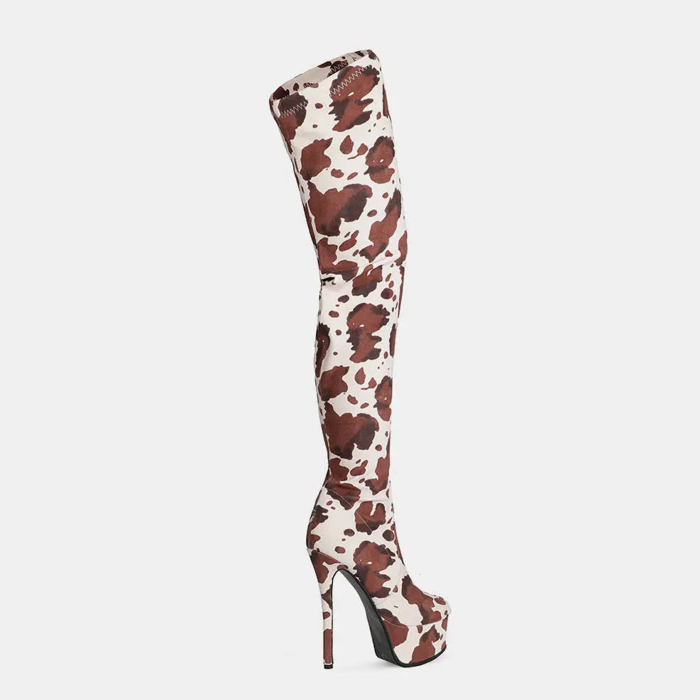 Platform Round Head Cow Pattern Over The Knee Boots Women's Boots GlossiChic Collection