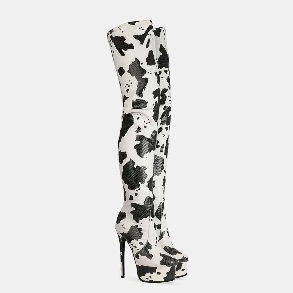 Platform Round Head Cow Pattern Over The Knee Boots Women's Boots GlossiChic Collection