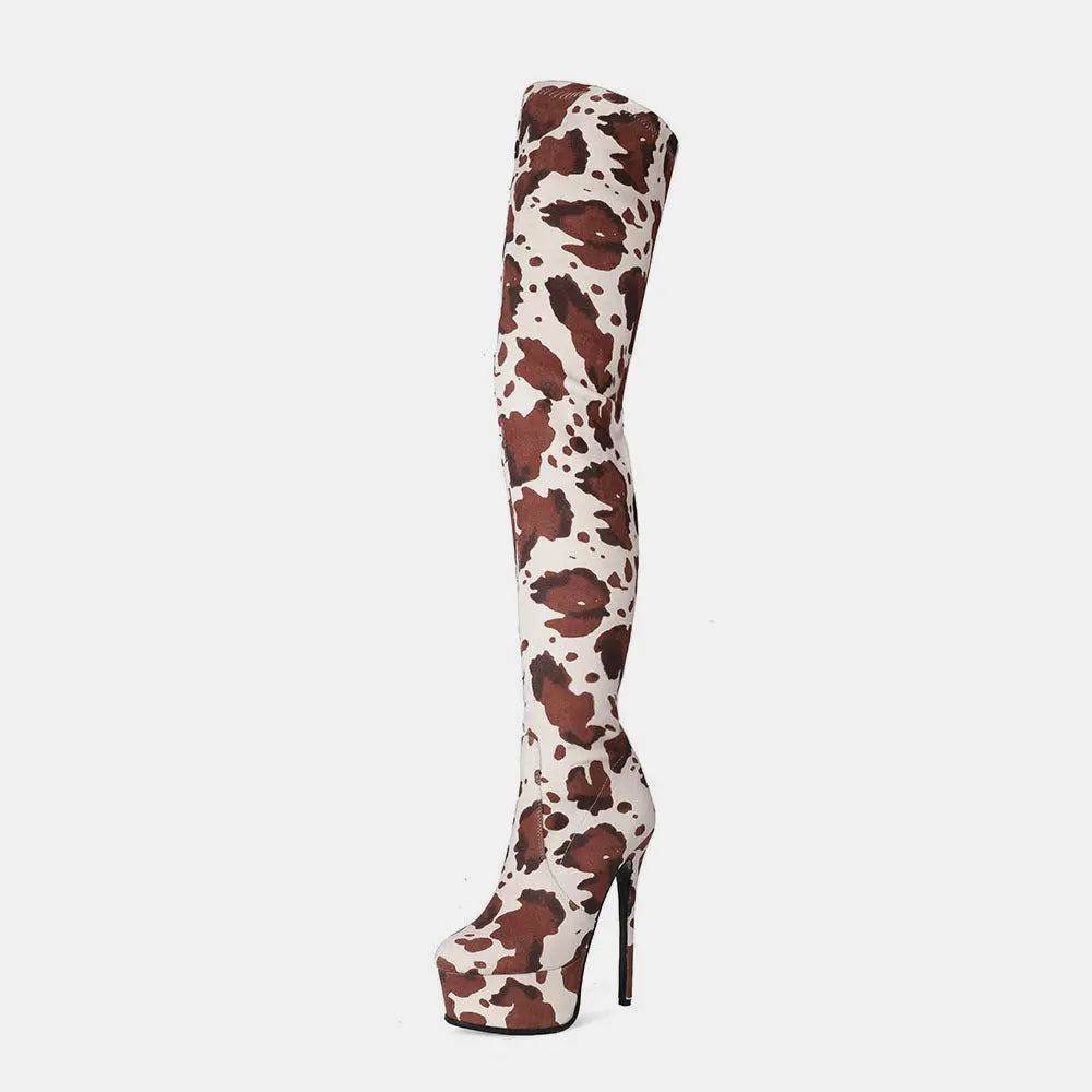 Platform Round Head Cow Pattern Over The Knee Boots Women's Boots GlossiChic Collection