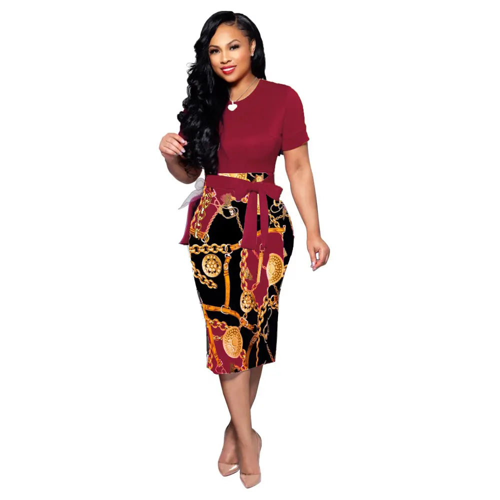 Fashion Printed Zipper Short Sleeve Tight Dress - GlossiChic Collection