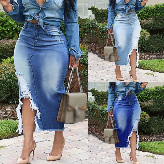 Plus Size Fashion High Waist Ripped Denim Skirt GlossiChic Collection