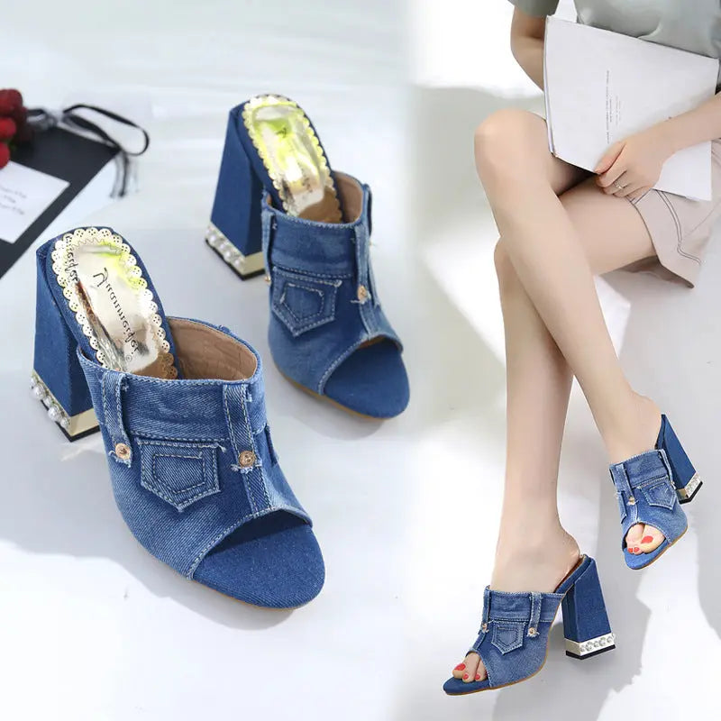 Fashion Casual Thick-Heeled Denim Fish Mouth Sandals - GlossiChic Collection