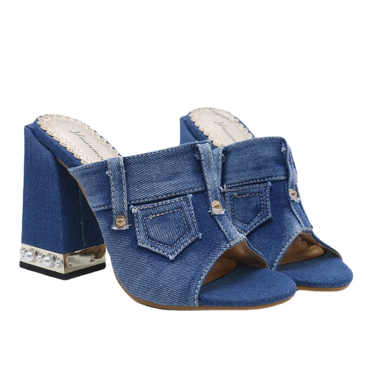 Fashion Casual Thick-Heeled Denim Fish Mouth Sandals - GlossiChic Collection