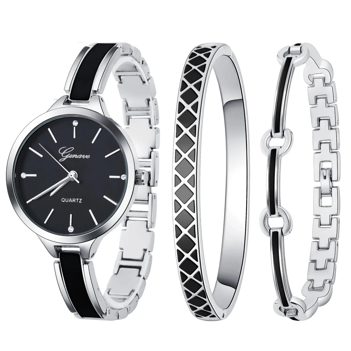 Three-Piece Set With Diamond-Studded British Watch Bracelet GlossiChic Collection