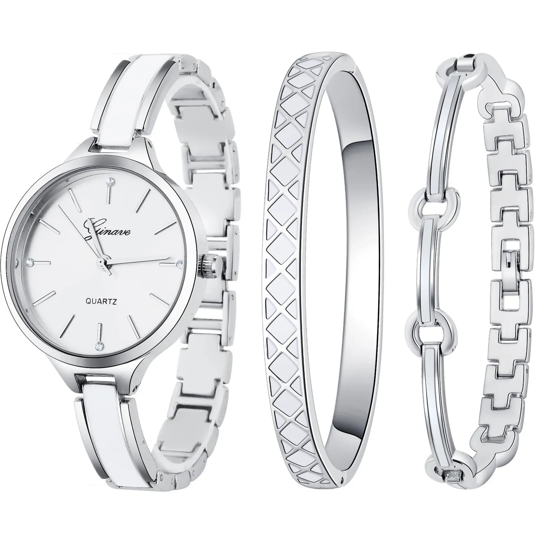 Three-Piece Set With Diamond-Studded British Watch Bracelet GlossiChic Collection