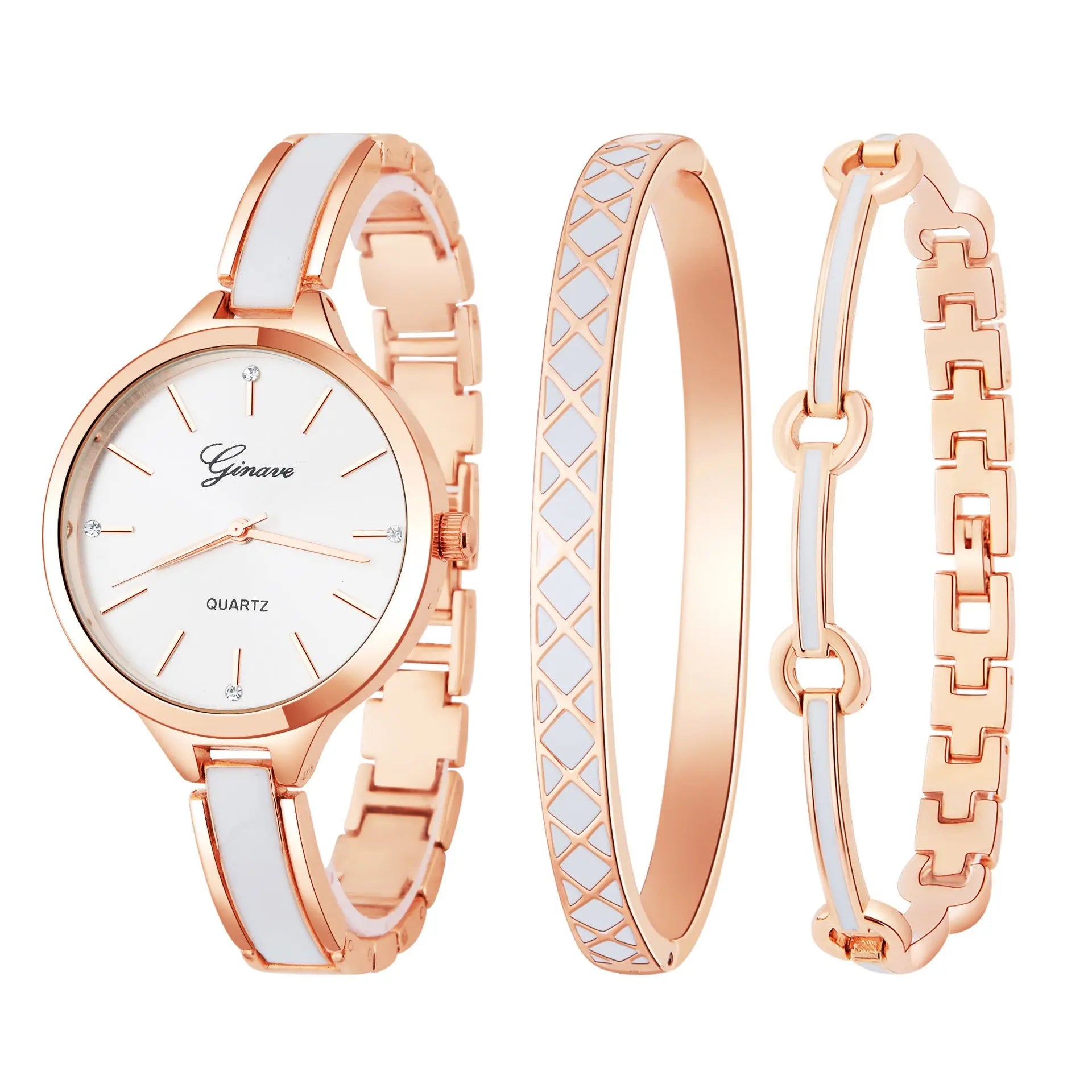 Three-Piece Set With Diamond-Studded British Watch Bracelet GlossiChic Collection