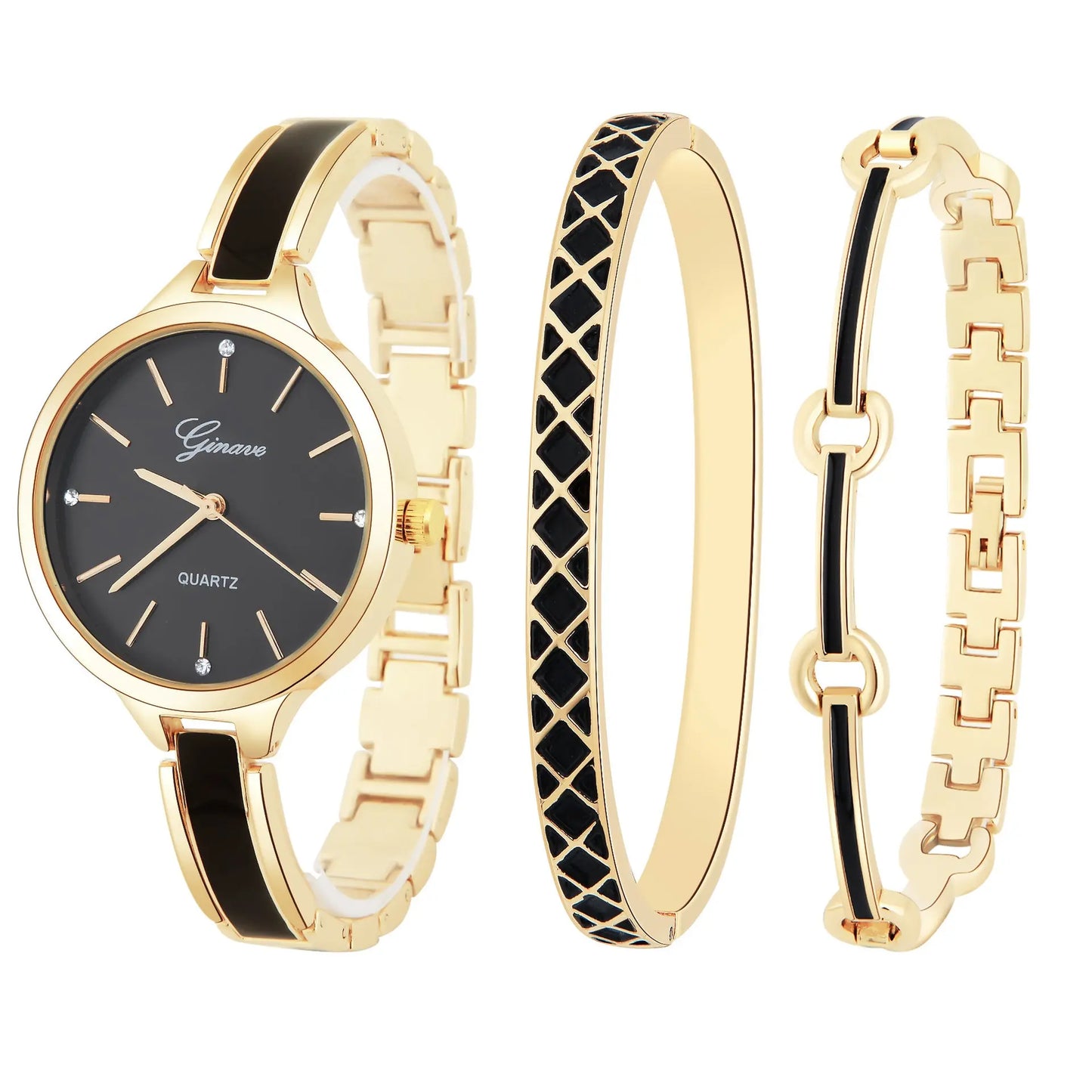 Three-Piece Set With Diamond-Studded British Watch Bracelet GlossiChic Collection