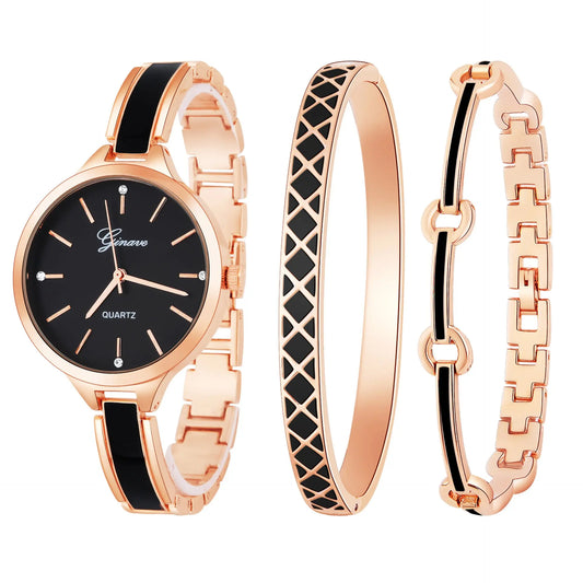 Three-Piece Set With Diamond-Studded British Watch Bracelet GlossiChic Collection