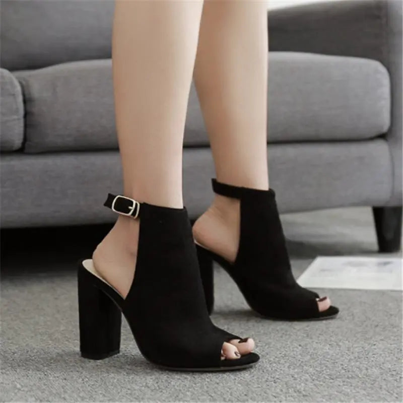 Roman Suede Fish Mouth Hollow High Heel Sandals GlossiChic Collection