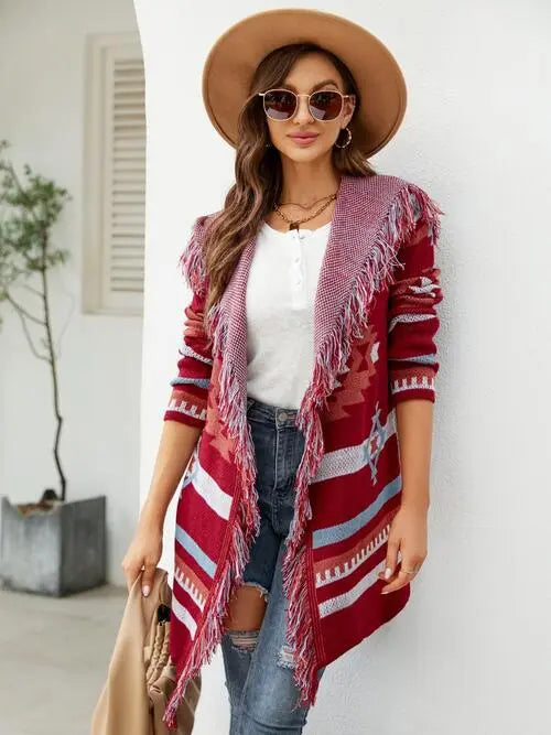 Fringe Geometric Hooded Long Sleeve Cardigan GlossiChic Collection