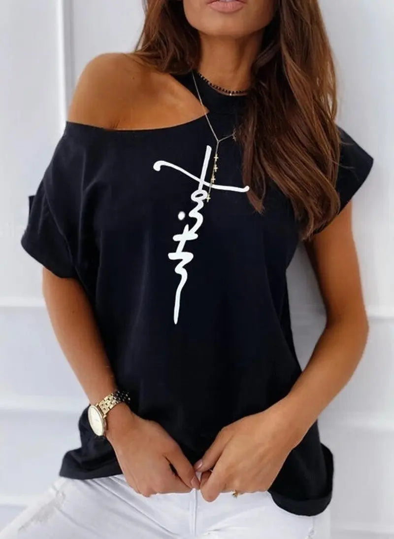 Letter Print Short Sleeve Off-Shoulder T-shirt GlossiChic Collection