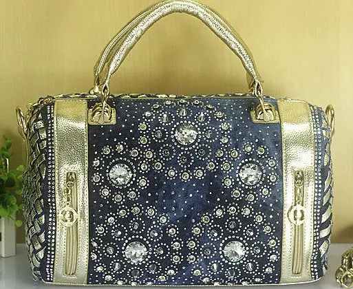 Rhinestone Round Denim Canvas  Bucket Handbag GlossiChic Collection