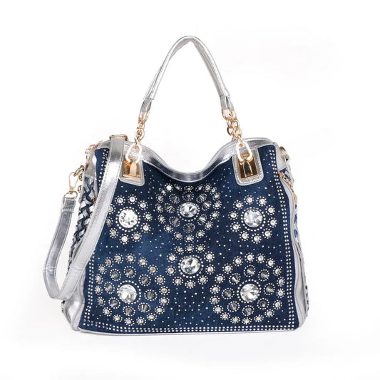 Glass Rhinestone Denim Shoulder Handbag GlossiChic Collection