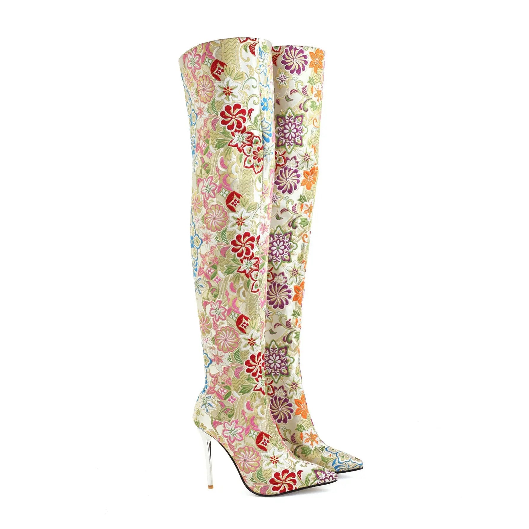 Pointed-toe Embroidered Stiletto Back Zip Over-the-knee Boots GlossiChic Collection