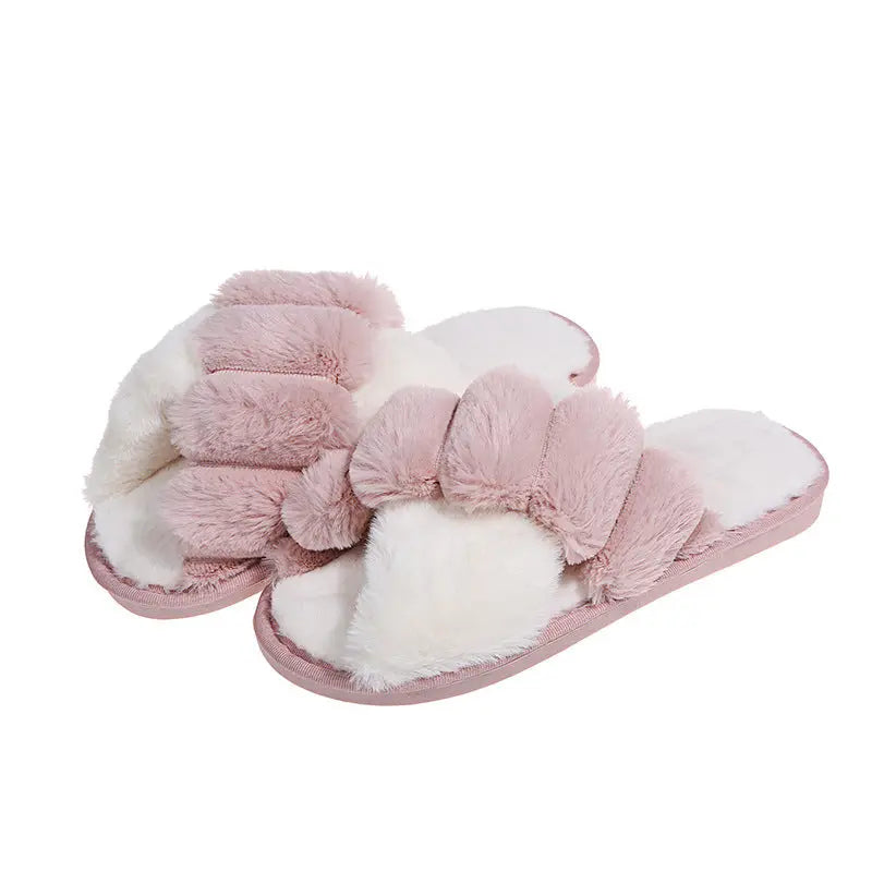 Furry Cross-Strap Slippers Flat Shoes GlossiChic Collection