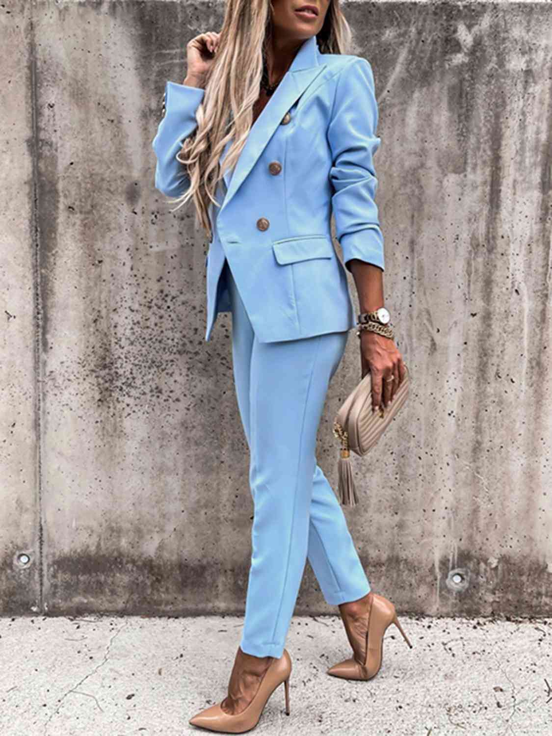 Lapel Collar Long Sleeve Blazer and Pants Set - GlossiChic Collection Charcoal / S GlossiChic Collection Outfit Sets