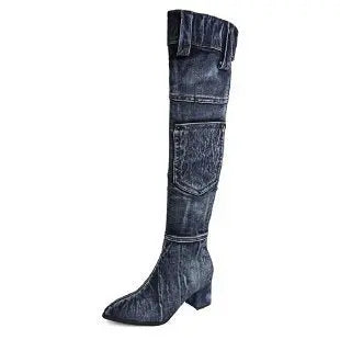 New Pointed Mid Heel Denim Over Knee Boots GlossiChic Collection