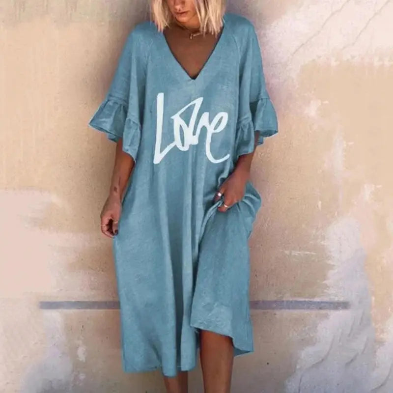 Casual V-neck Lotus Leaf Sleeve Plus Size Dress - GlossiChic Collection