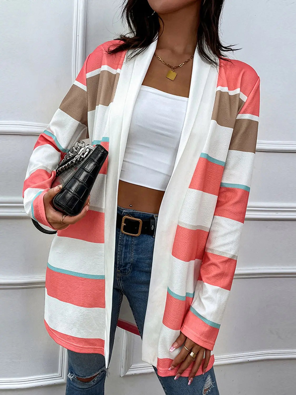 Striped Open Front Longline Cardigan GlossiChic Collection