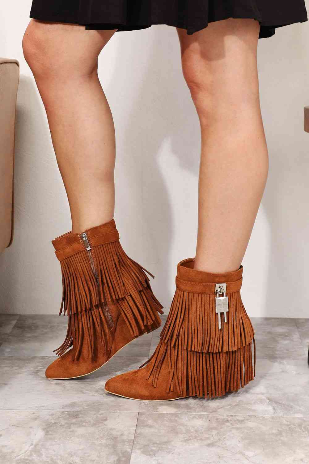 Tassel Wedge Heel Ankle Booties - GlossiChic Collection Ochre / 6 GlossiChic Collection Shoes & Accessories