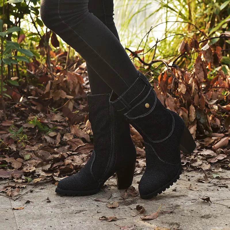 Plus Size High Heel Denim Mid Tube Women Boots GlossiChic Collection