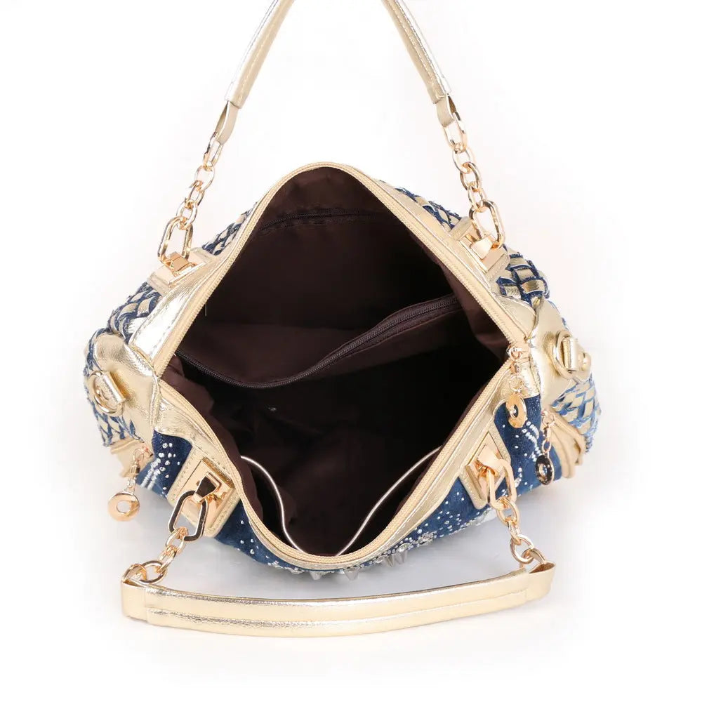 Glass Rhinestone Denim Shoulder Handbag GlossiChic Collection