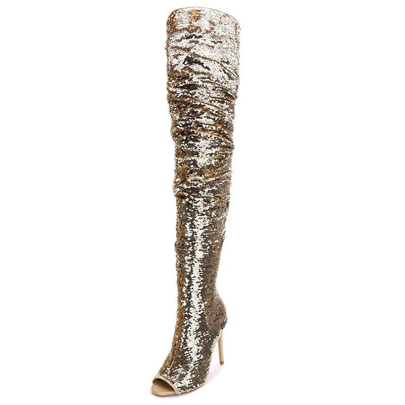 Sequin Fish Mouth Over The Knee High Heel Long Boots GlossiChic Collection