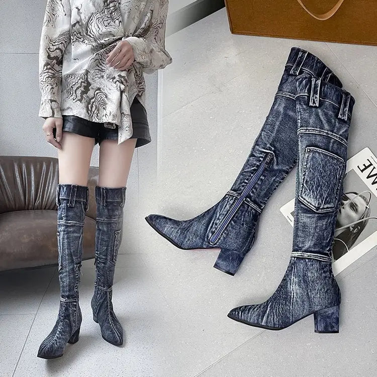 New Pointed Mid Heel Denim Over Knee Boots GlossiChic Collection