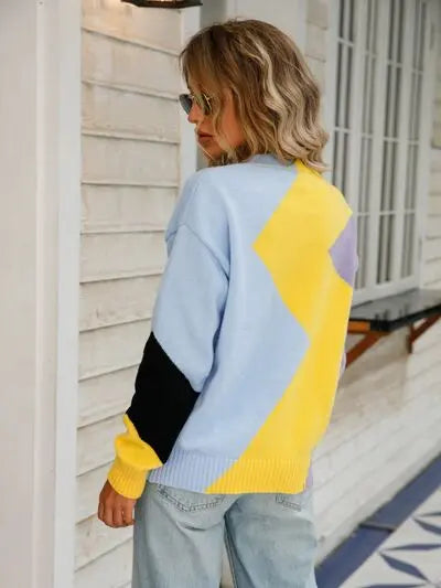 Color Block Round Neck Dropped Shoulder Sweater GlossiChic Collection