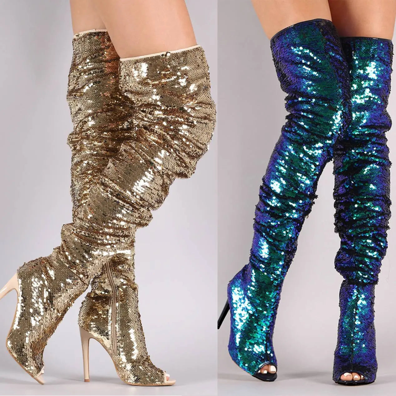 Sequin Fish Mouth Over The Knee High Heel Long Boots GlossiChic Collection