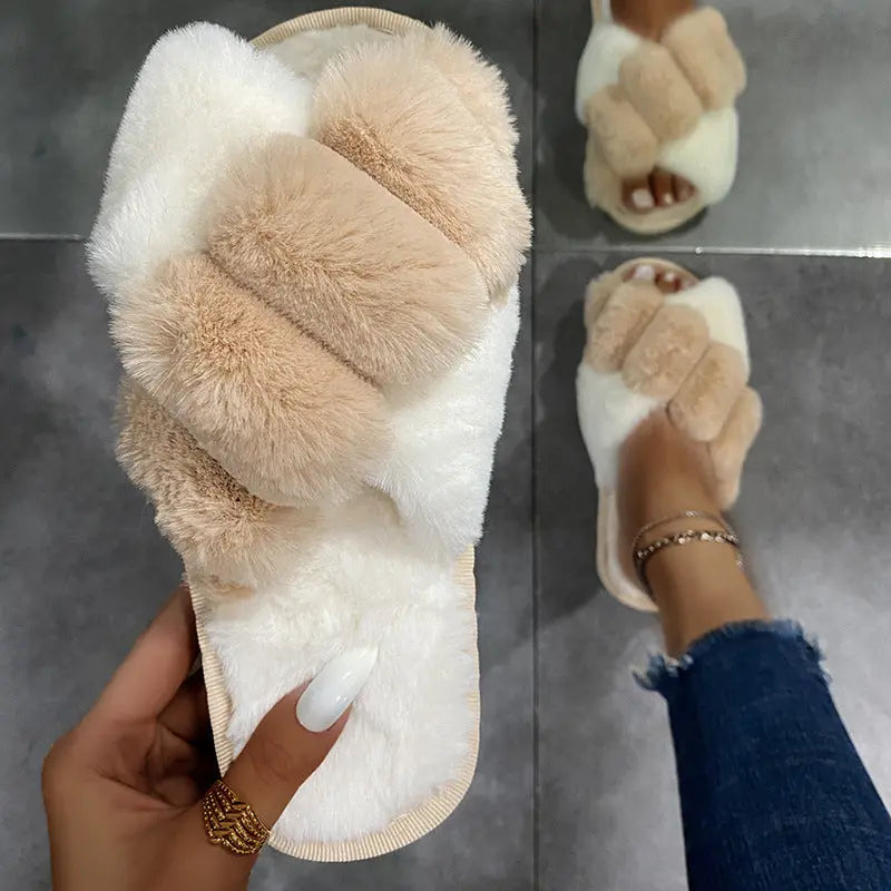 Furry Cross-Strap Slippers Flat Shoes GlossiChic Collection