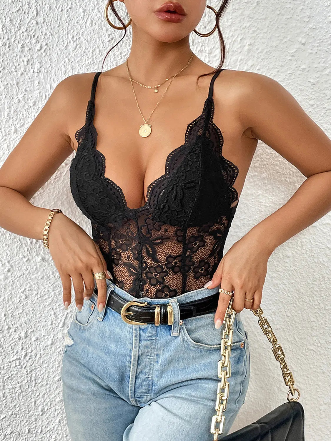 Lace V-Neck Spaghetti Strap Bodysuit Trendsi