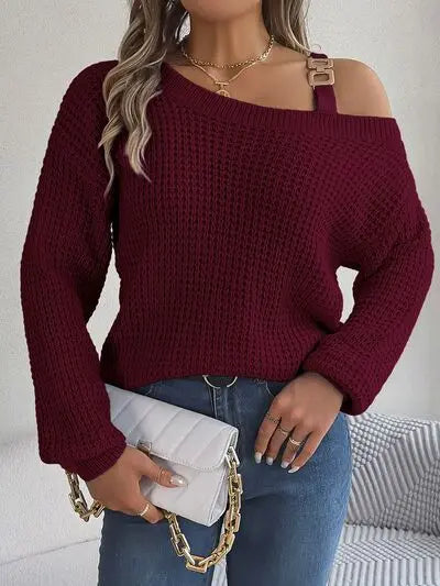 Asymmetrical Neck Long Sleeve Sweater - GlossiChic Collection Wine / S GlossiChic Collection apparel